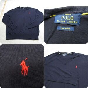 Polo Ralph Lauren Sweater Mens Medium? Slim Blue Pima‎ Cotton V Neck Red Pony